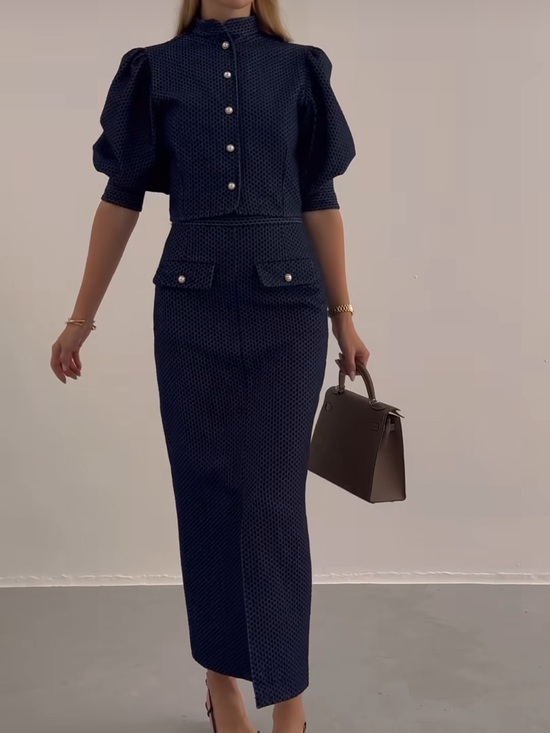 Vita Grace Dresses & Skirts - Cropped Puff-Sleeve Button Front Skirt Suit in Navy